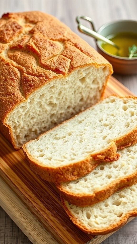Gluten-Free Psyllium Bread Recipe A golden brown gluten-free psyllium bread loaf, sliced to show its soft texture, on a wooden cutting board.